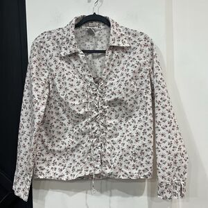 Faded Glory Floral Lace Up Y2K Top Fairy Cottage Blouse Size Medium Collared